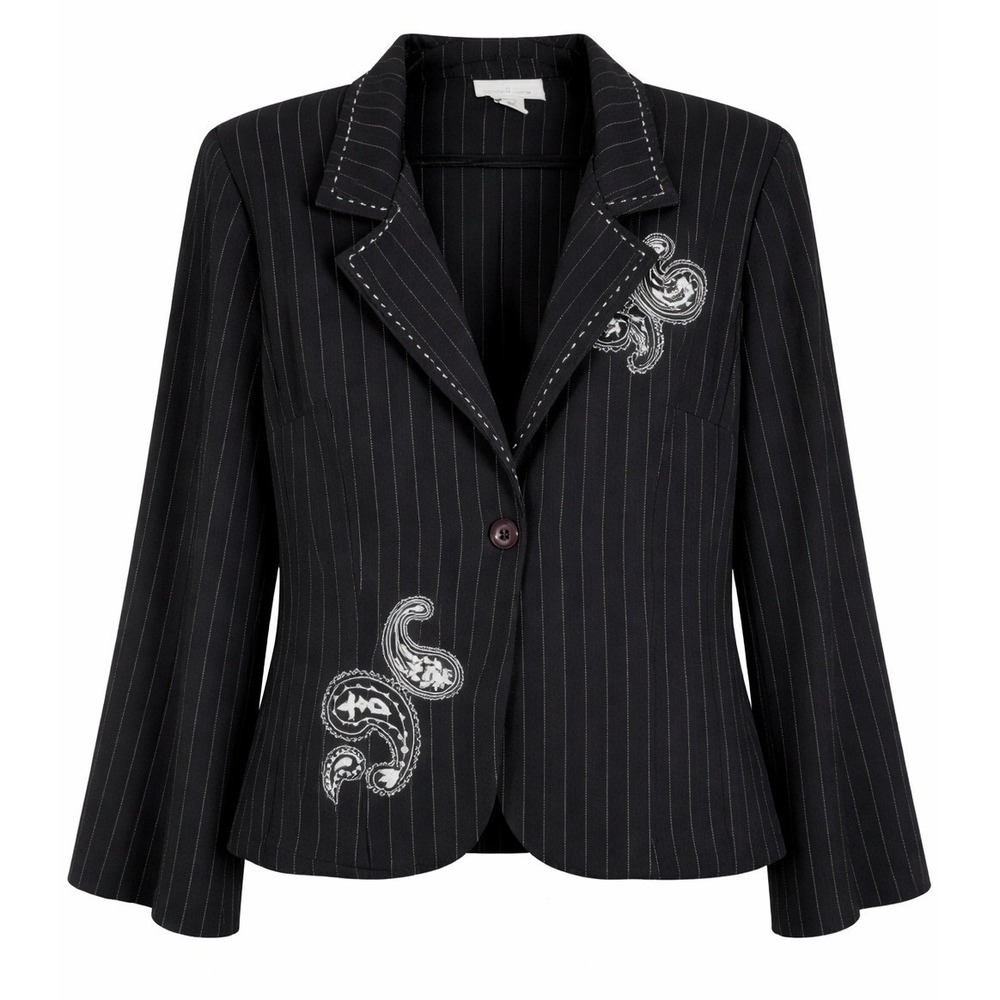 Vintage 90s Pinstripe Blazer 14 Black Paisley Embroidered Office Chic